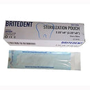 Britedent 2.25" x 9" Self-Sealing Sterilization Pouch, Case of 10 x 200/Box. Paper/blue film with color changing indicator. Triple heat sealed pouches with Triple Check technology, reacts to 3 parameters: steam, time, and temperature. FDA approved.