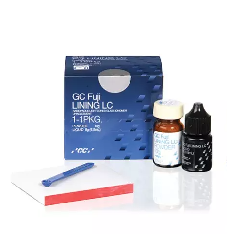 GC Fuji Lining LC dental product set with packaging, powder, liquid, and other components on a white background.