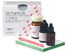 GC Fuji Plus - 1:1:1 Package. Resin Reinforced Glass Ionomer Luting Cement, 1:1:1 Package: 15 Gm. Powder, 7 mL Liquid, 6.5 mL Conditioner, Mixing Pad and Measuring Scoop.