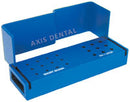 21 Hole - 12 FGSS and 9 RA - Blue Anodized Aluminum Bur Block. Autoclavable with Dimensions of 80 mm X 30 mm X 25 mm.