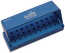 27 Hole - 9 FG and 18 RA - Blue Anodized Aluminum Bur Block. Autoclavable with Dimensions of 80 mm X 25 mm X 31 mm.