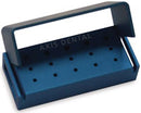 15 Hole - 10 FGSS and 5 RA - Blue Andodized Aluminum Bur Block. Autoclavable with Dimensions of 59 mm X 25 mm X 25 mm.