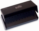 20 Hole - 14 FG and 6 RA - Black Anodized Aluminum Bur Block. Autoclavable with Dimensions of 86 mm X 38 mm X 28 mm.