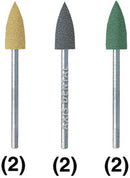 Acrylic Polisher HP Assortment - Silicone Polishers for Adjusting and Polishing Acrylic Materials, Autoclavable, Flame Shape Points, 6 per pack 2 of each: Green/Coarse, Black/Medium, Yellow/Fine.