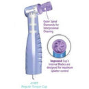 Contra-Angle Disposable Ergo Prophy Angles with Torque Lavender Cups, Package of 500. Torque Cups effectively reduce splattering with its turbine-like internal blade geometry, and features outer cross-spiral ridges for improved interproximal cleaning.