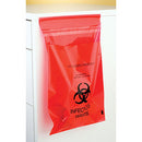 Stick-on Red Bio Hazard Waste Bags 9" x 10" 200/Bx. Infectious-waste disposal bag sticks up anywhere with a peel-and-stick adhesive strip. Peel off protective liner and adhere bag to almost any clean, dry surface. Removes without leaving gummy residue. Front adhesive strip. Red bag is identified with bilingual hazard warning.