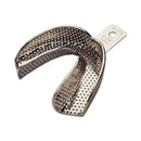 Metal impression tray with a textured surface on a white background
