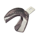 Metal impression tray with a handle on a white background