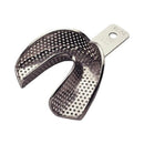 Metallic impression tray with perforated design on a white background