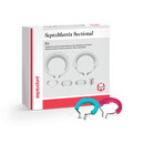 SeptoMatrix Sectional Kit. The kit contains 2 reinforced rings (1 hard and 1 soft), 50 assorted matrices (15 L, 20 M, 15 S), and 8 triangular silicone tips. The retainers and triangular tips are autoclavable, and the matrices can be sterilized. The matrices do not stick to glass ionomers or composites.