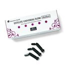 Box of Tokuyama Dental Estelite Universal Flow resin-based dental restorative material with black components on a white background.